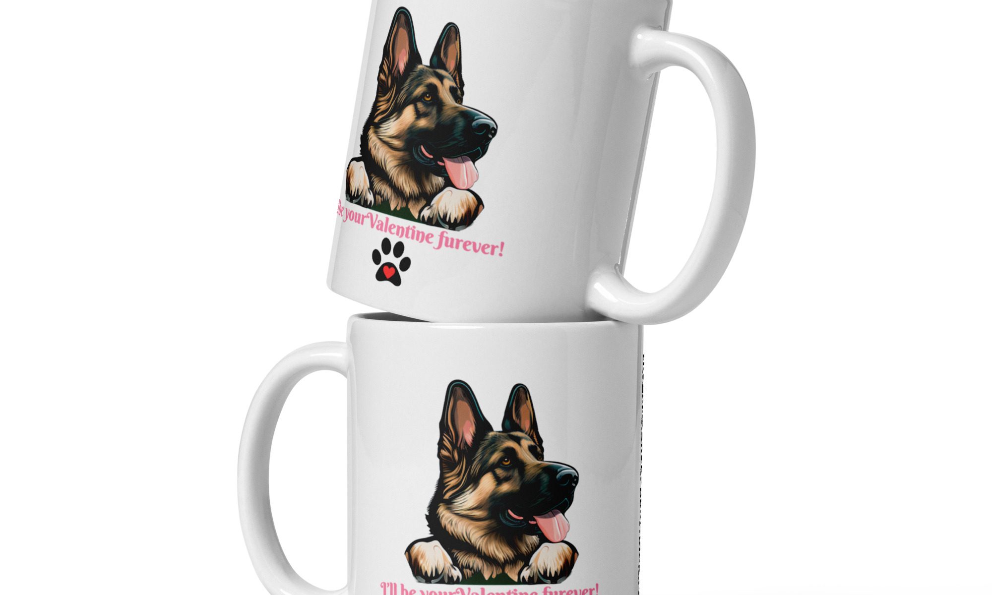 White mug with German shepherd dog head image and valentine message