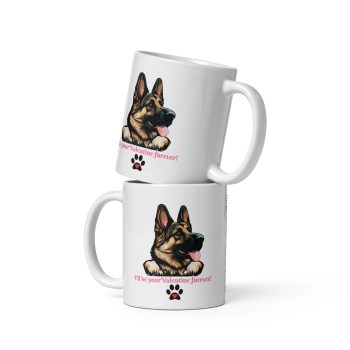 White mug with German shepherd dog head image and valentine message