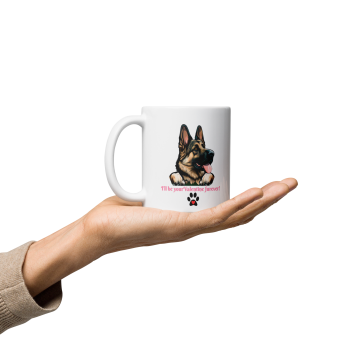 image of a person holding up White mug with Gsd head on with Valentines day message "I'll be your Valentine furever! "
